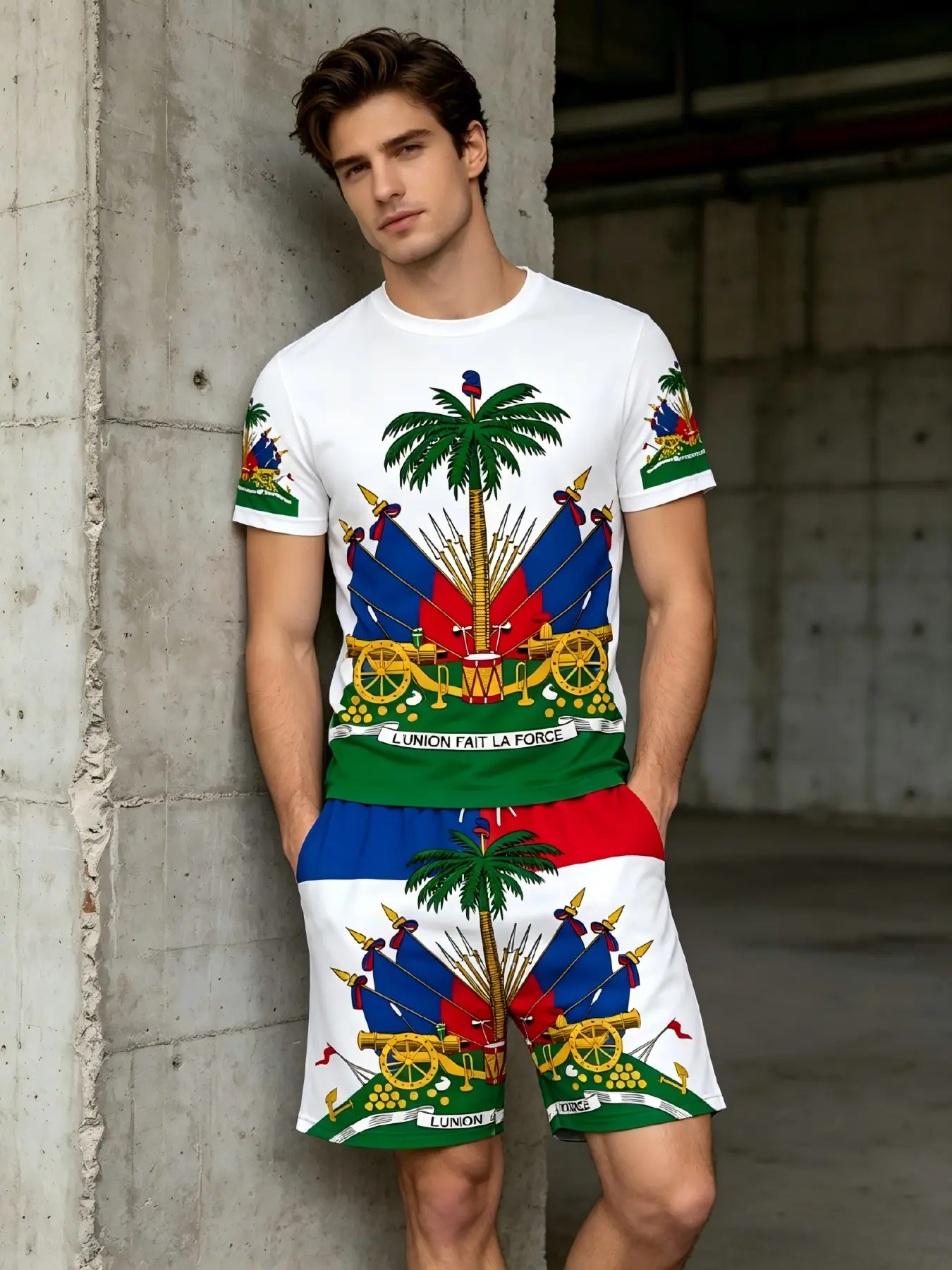 Haiti Flag Men's Two Piece Set - Haitian Pride Matching Outfit, Summer Tropical Short Sleeve Tee & All Over Print Shorts, Casual Fitted Outfit for Haiti Flag Day Independence Day