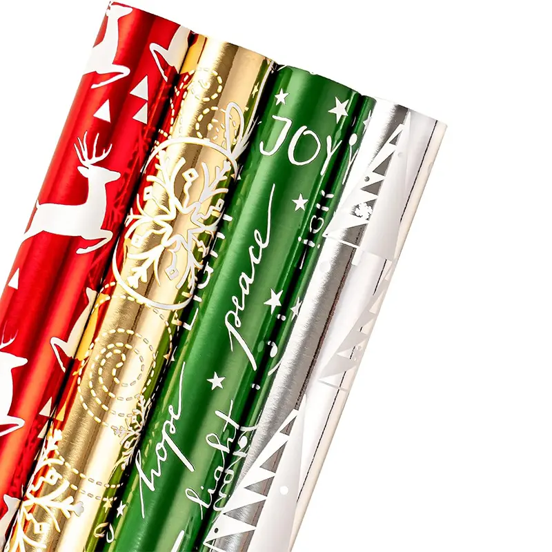 WRAPAHOLIC 30 Inch Christmas Wrapping Paper Roll Set, 4 Rolls Jumbo Holiday Gift Wrap with Gridlines, 100 Sq Ft Total, Metallic Foil, Plaid, Reindeer, Gnome, Gingerbread & Santa Designs for Christmas Gifts, Family Presents & Holiday Parties