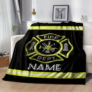 280GSM 1pc Firefighter-Themed Customizable Name Blanket - Soft Polyester, Black with Yellow Accents, Perfect for Sofa, Bed, or Camping - Ideal Gift for Birthdays, Graduations, and Special Occasions