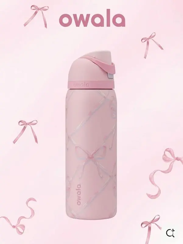 Owala New Holiday Tumbler Sugar Plum Fairy FreeSip 32oz Coquette Pink Insulated Leakproof Stainless Steel Water Cup Cute Aesthetic Gift for Her, Owala Pink Bow Bottle Leak Proof, Insulated, BPA Free, 32Oz