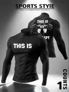 Men's 'This Is Therapy' Fitness Graphic Black-White Turtleneck Long Sleeve, Athletic Streetwear, Outfit with Gym Print, Comfortable Stretchy Fabric, Versatile for Workouts, Errands & Hangouts, Ideal for Fashion-Forward Wardrobes, Athletic Sports Clothing