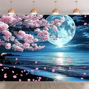 Cherry Blossom Moon Pattern Backdrop, 1 Count Romantic Polyester Backdrop, Photo Props Background Cloth, Party Decoration Supplies for Home Garden Party, Flower Banners