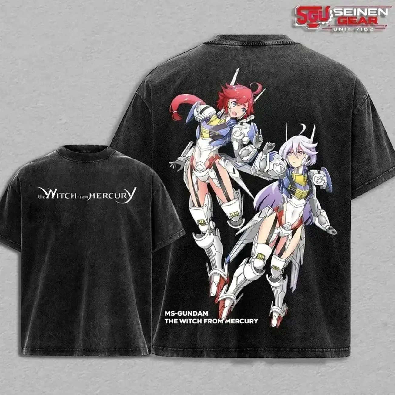 The Witch from Mercury MS Gundam Vintage Washed Oversized T-Shirt Hoodie Sweatshirt, Mobile Suit Gundam Aerial Graphic Tee, Anime Mecha Heavyweight Cotton Streetwear Outfit Gift for Gundam Fans 2F6