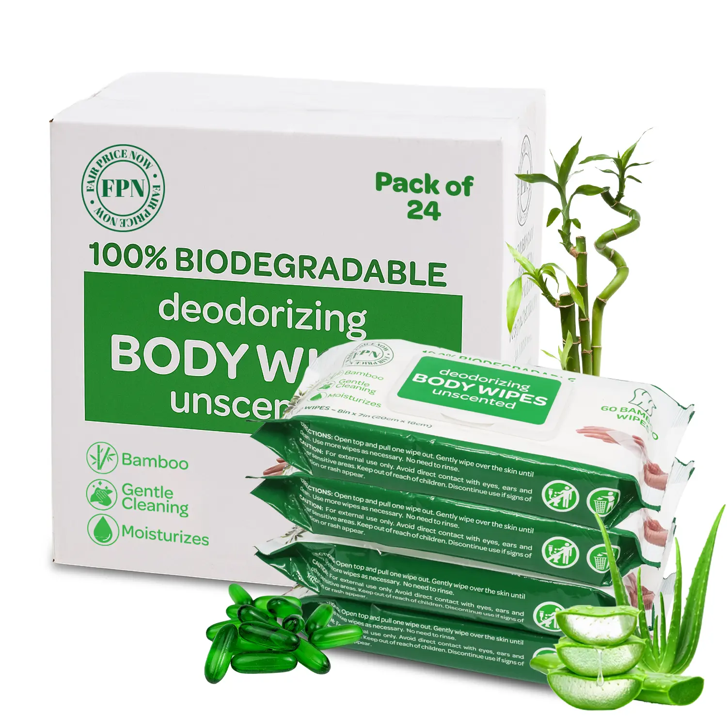 FPN Body Wipe – Large Bamboo Deodorizing Wipes for Adults – Unscented, Moisturizing, Plant-Based, No Rinse Bathing Wipes for Travel, Gym, Elderly