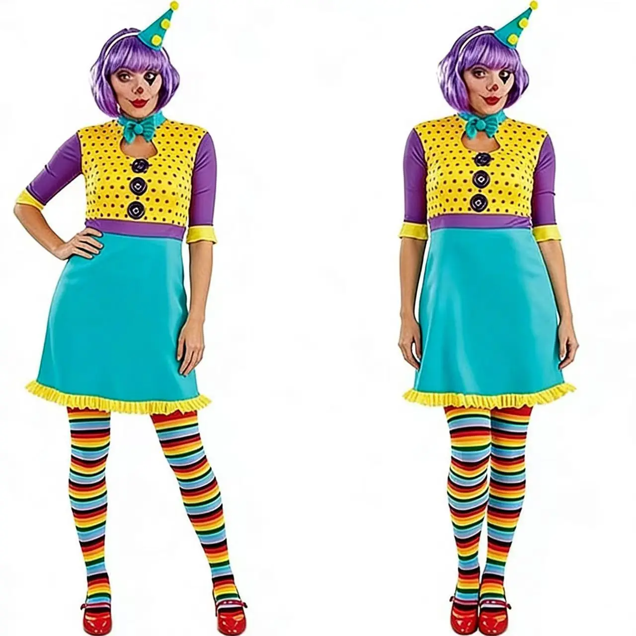 Women's Rainbow Striped Clown Jumpsuit - Soft Fitted Polyester Costume with Ruffled Collar, Elastic Waist for Halloween, Carnival, Women's Clothes, Style, One Piece, Thanksgiving