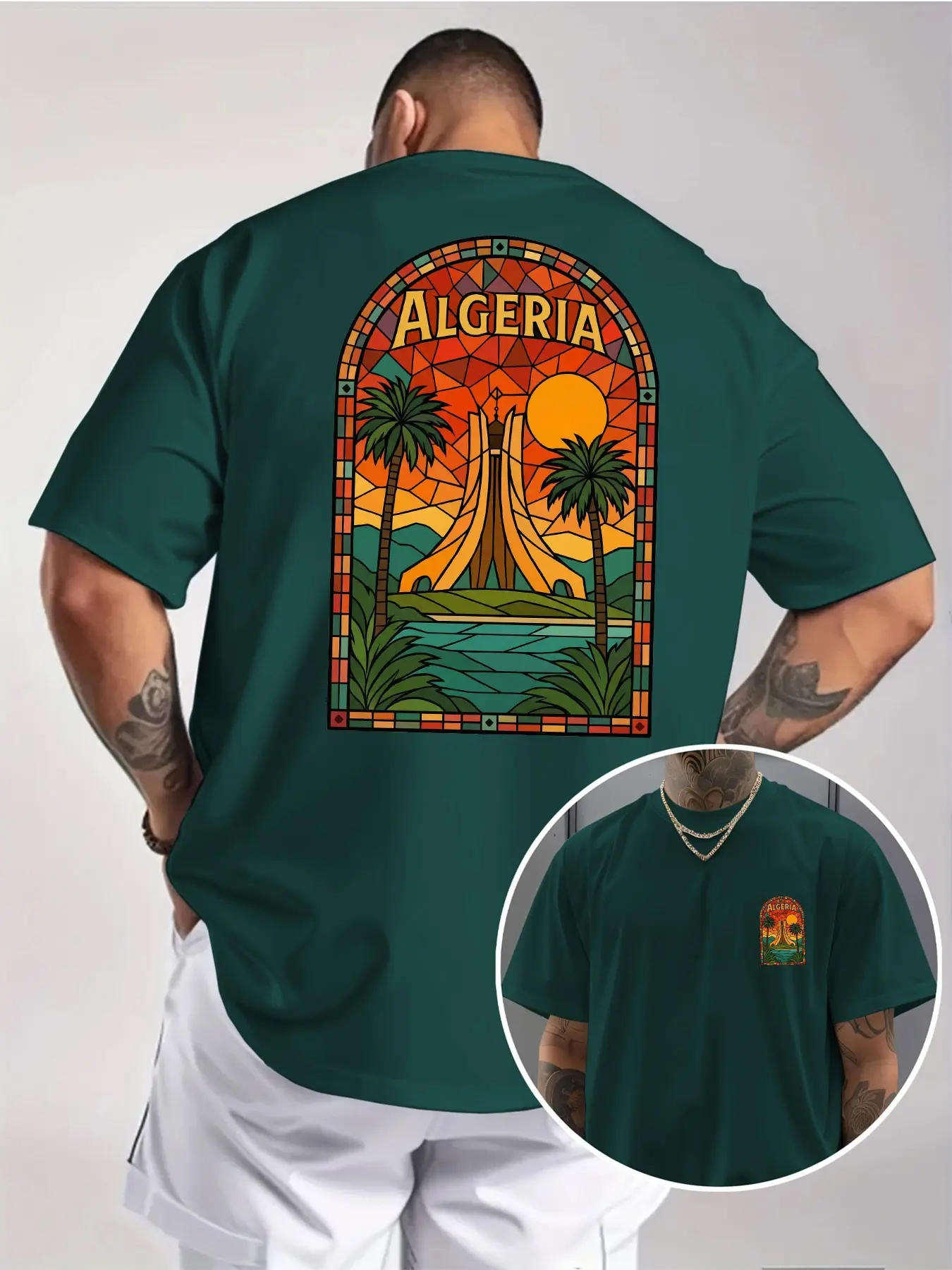 Algeria Landmark Print T-Shirt, Colorful Glass Art Style, Unisex Man Oversized Half Sleeve, North African Vacation Casual Tropical Streetwear Tee, Cultural Souvenir