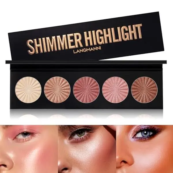 LANGMANNI 5 Color Face Highlighter Powder Palette, Illuminator Makeup | Silky shimmer powder for cheekbones, eyelids, brow bones and lips; waterproof, smudge-resistant, long-lasting, giftable