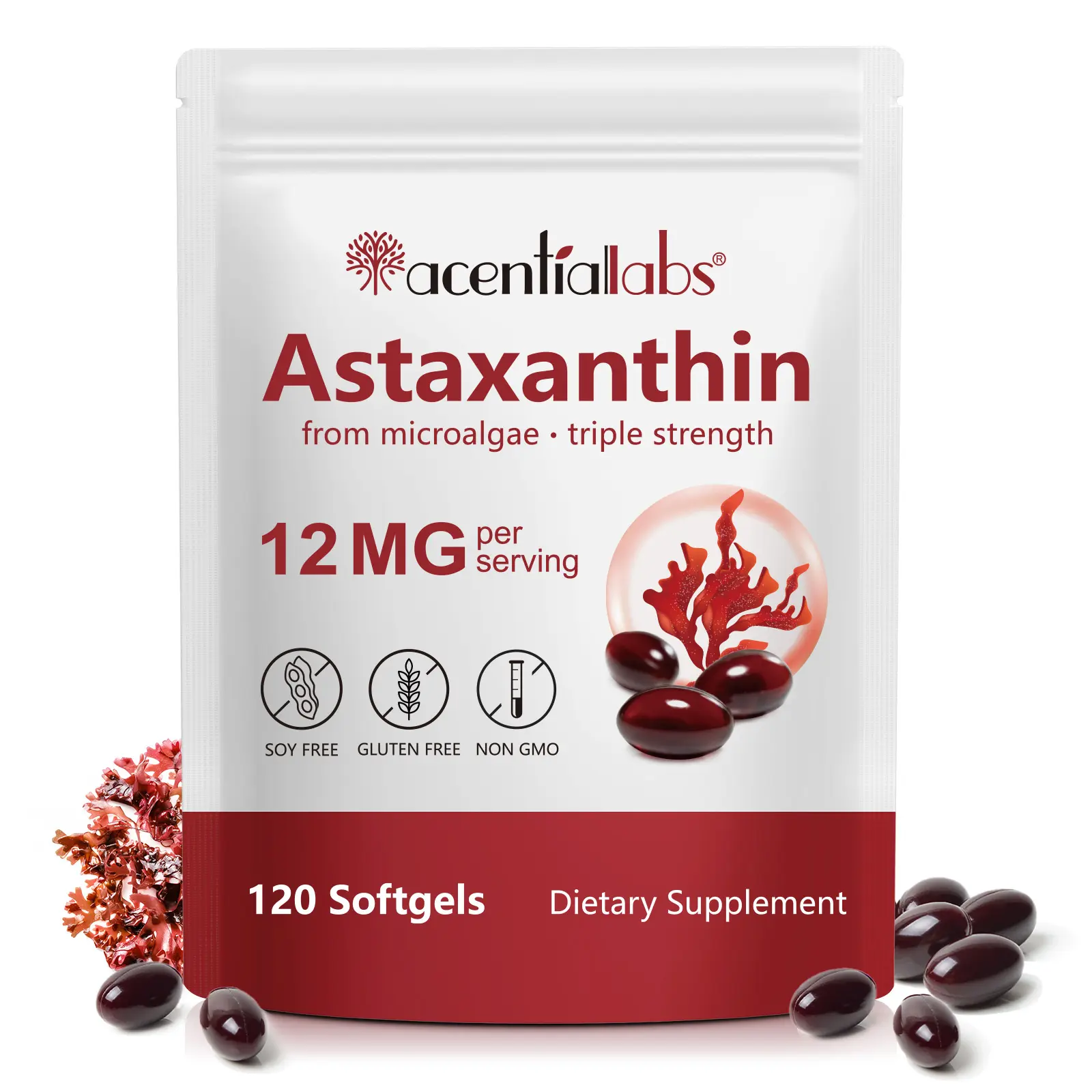 Acentiallabs Natural Organic Coconut Oil Astaxanthin 12mg GMO-Free Healthcare Softgels - 120 Count (4-Month Supply, 100g Equivalent), 100% Microalgae-Sourced, Easy-to-Swallow Supplement for Heart, Eye Health