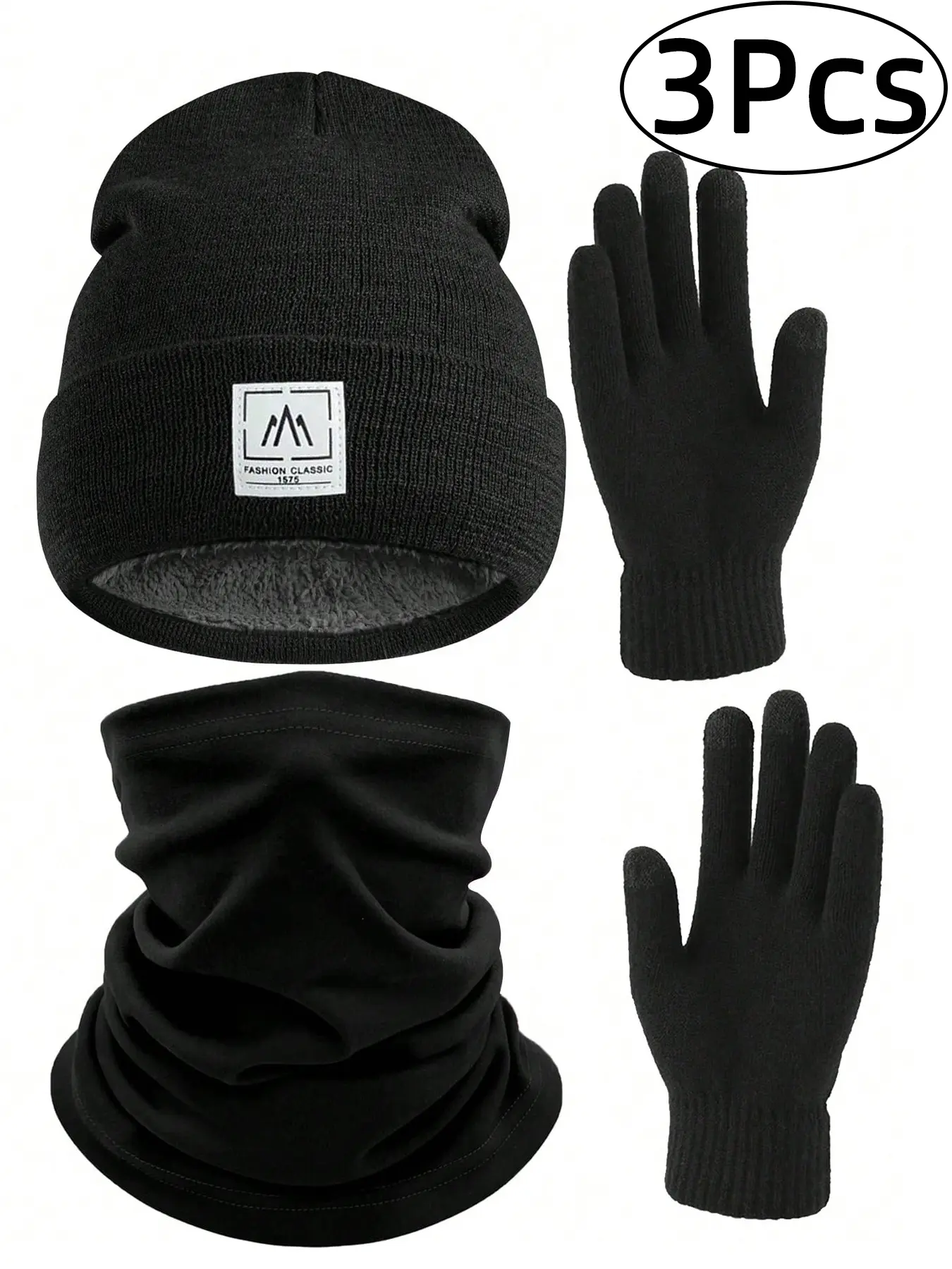 3-Piece Autumn and Winter Warm Fleece Windproof Knit Hat, Gloves & Mask Set, Unisex Casual Solid Color Design, Fall & Winter Fashion Accessories, Men Accessories, Guys