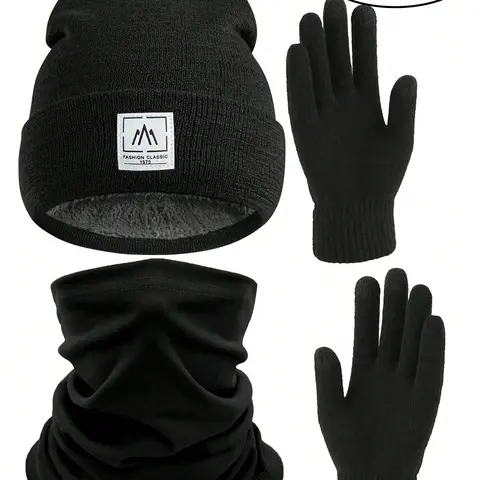 3-Piece Autumn and Winter Warm Fleece Windproof Knit Hat, Gloves & Mask Set, Unisex Casual Solid Color Design, Fall & Winter Fashion Accessories, Men Accessories, Guys