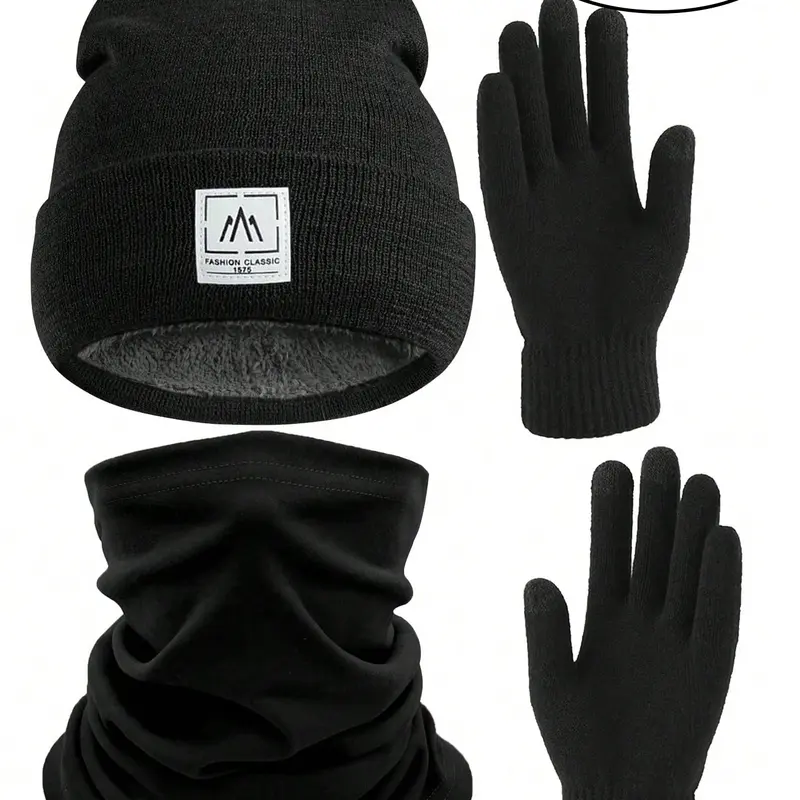 3-Piece Autumn and Winter Warm Fleece Windproof Knit Hat, Gloves & Mask Set, Unisex Casual Solid Color Design, Fall & Winter Fashion Accessories, Men Accessories, Guys