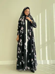 Elegant Arabic Women's Abaya With Hijab, Long Sleeve Floral Print, Loose-Fitting Robe, Full Placket, Includes Headscarf, All Seasons