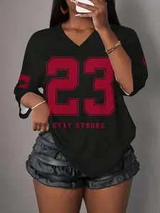 Women's Casual Sporty Mesh Breathable V-Neck T-Shirt, Fitted, Number 23 Print, Drop Shoulder Top, Party Wear, Street Style, Streetwear, All Seasons