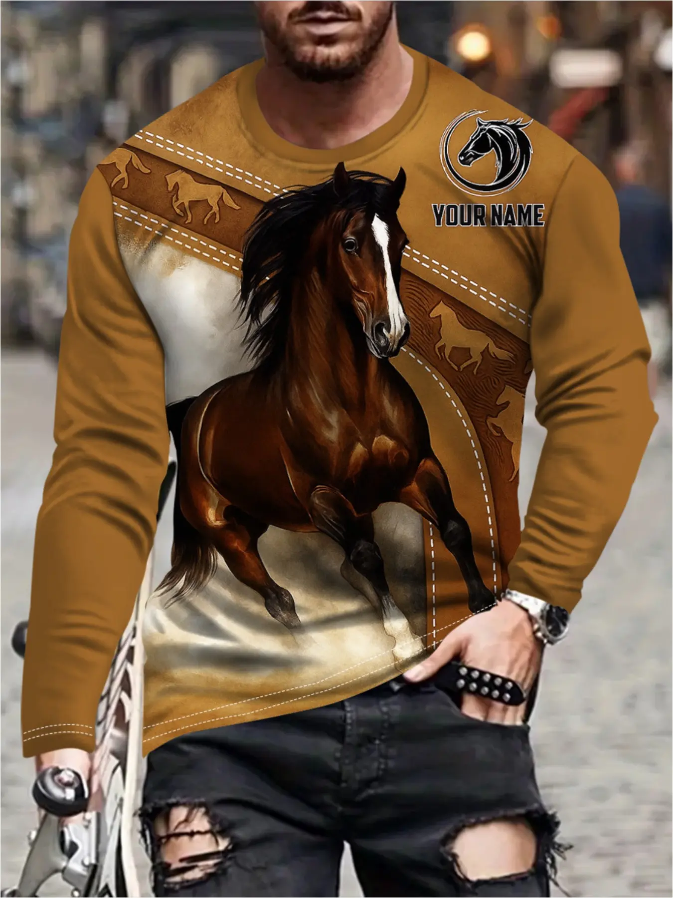 Men's T-shirt with galloping horse graphic pattern, 3D printing, fashionable Streetwear Menswear long-sleeved crew neck unisex T-shirt, casual summer personalized men's top, Short