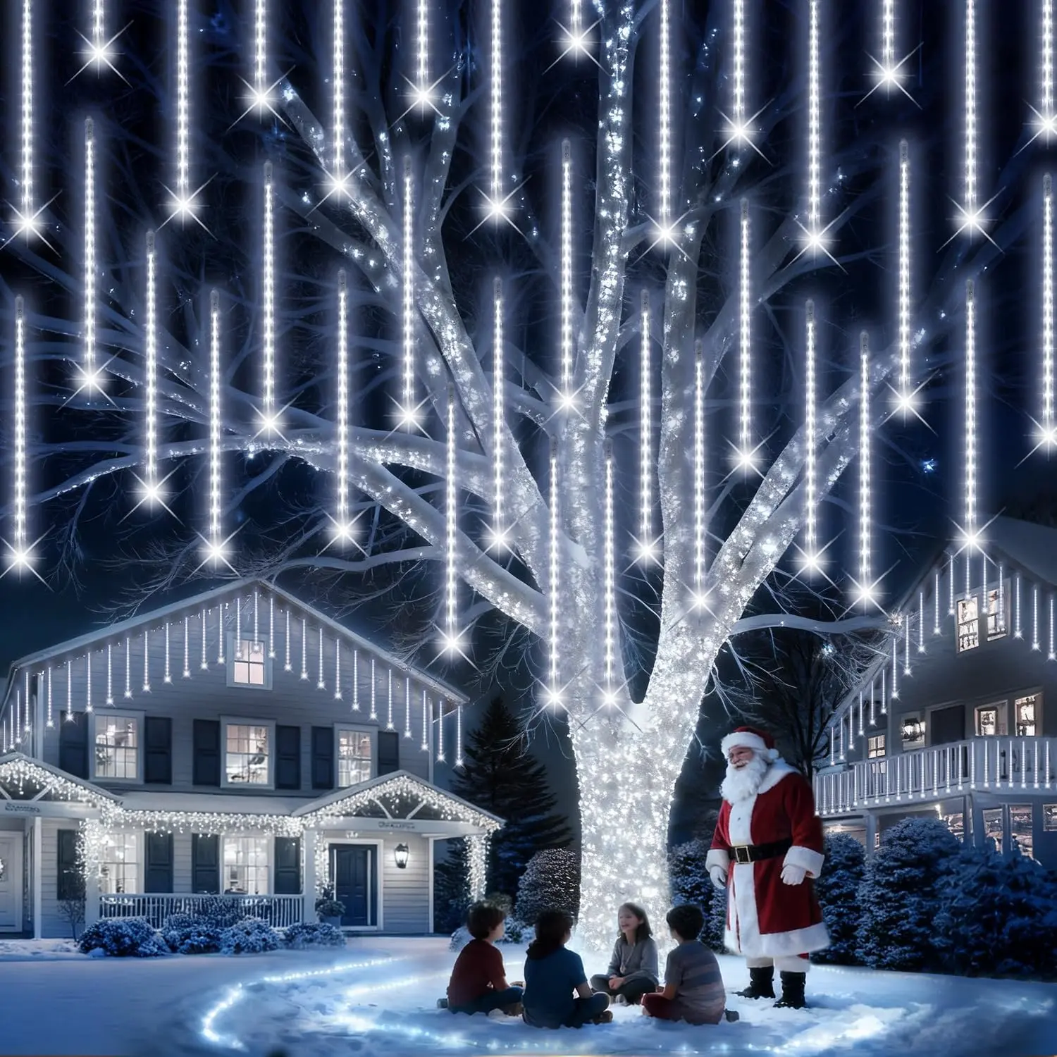 【Campagin】PEMOTech Meteor Shower LED Party Light String, 24 Tubes 576-LED Waterproof Mood Decor, Curb Appeal Accessories for Garden Pathway, 4th of July Independence Day Outdoor Decor