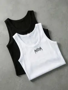 Men's 2-Pack Ribbed Death Metal Text Tank Tops: Gothic Streetwear Vests for Workout & Layering | Slim Fit, Edgy Graphic Print | Must-Have for Punk & Casual Style Fans