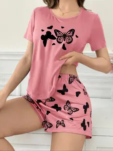 Women's Casual Loungewear Two-Piece Pajama Set Nightwear Pyjamas Pjs Womenswear: Short-Sleeve Crew Neck Top & Elastic Waist Shorts with Bow Pattern Print Butterfly
