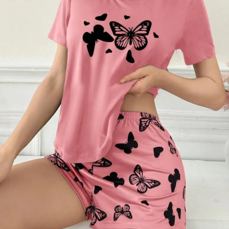 Women's Casual Summer Loungewear Two-Piece Pajama Set, Soft Stretchy Short-Sleeve Crew Neck Top & Elastic Waist Shorts with Butterfly Print, Comfortable Nightwear, Homewear, Outfit, Pjs, Casual Pajamas Set