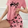 Women's Casual Summer Loungewear Two-Piece Pajama Set, Soft Stretchy Short-Sleeve Crew Neck Top & Elastic Waist Shorts with Butterfly Print, Comfortable Nightwear, Homewear, Outfit, Pjs, Casual Pajamas Set