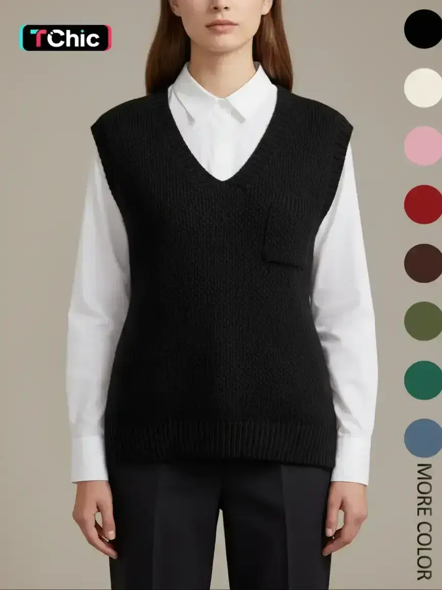 Women's Plain Basic V Neck Knit Sweater Vest, Casual Fitted Sleeveless Knitwear Top for Daily Wear, Ladies Clothes for Fall & Winter, Womenswear