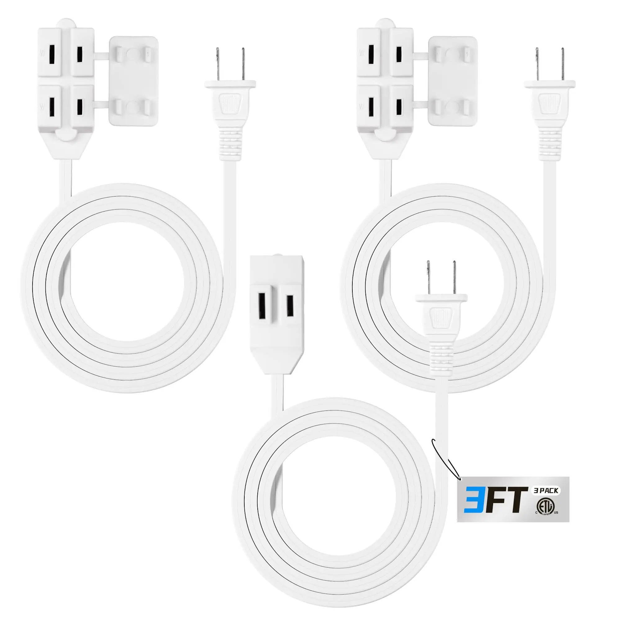 HBN 3-Pack 3 ft 3-Outlet Indoor Extension Cord 16/2 SPT-2, 2 Prong Polarized, Power Cord with Safety Plug Cap, for Homes, Kitchens & Offices, White