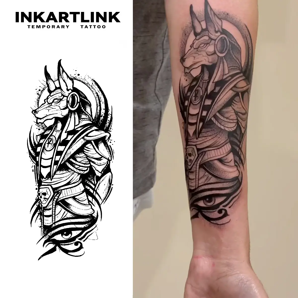 INKARTLINK Tattoo Tech, Anubis' Oath Series,2 Sheets Large Semi Permanent Tattoo, Adult Art Design Temporary Tattoos, Lasts 1-2 Weeks, Waterproof, Realistic Look, No Adhesive, No Reflection (Anubis Design)