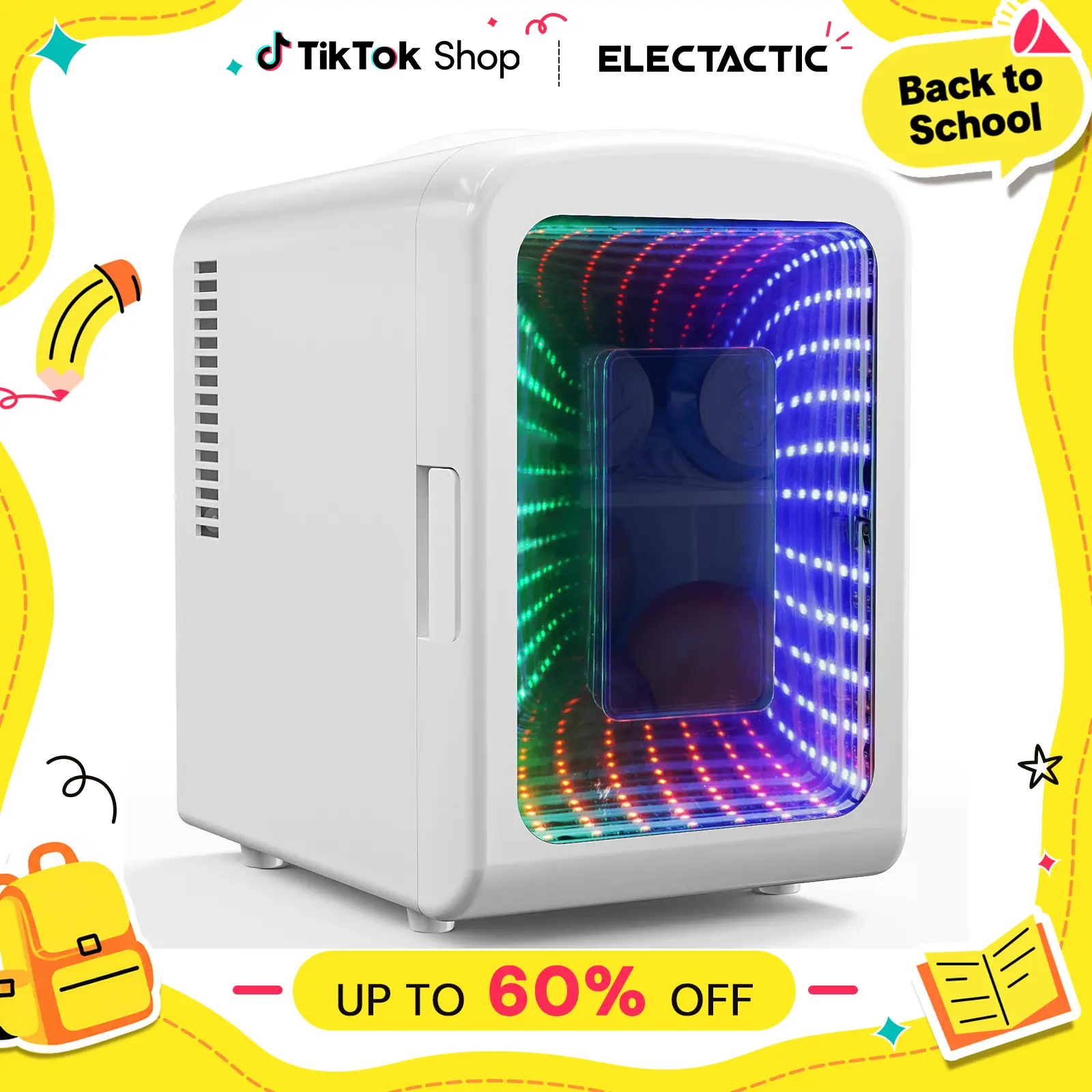 Electactic 4L Energy-Saving Portable Mini Fridge with Gaming Light, Travel Food & Cosmetic Storage Cooler for Bedroom, Car (Household Appliance) White,back to school,back to school haul