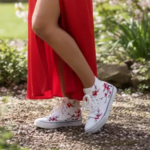White Cherry Blossom Embroidered High-Top Sneakers