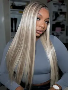 Highlight Ash Blonde Lace Front Natural Hairline Elegant Wig Long Straight Ombre Brown Mixed Blonde 13x4 Synthetic Lace Front Wigs for Women 28 Inch