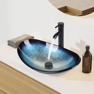 Bathroom Boat Shape Artistic Glass Vessel Sink Free Oil Rubbed Bronze Faucet and Pop-up Drain Set