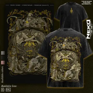 Elden Ring Demigods Gold Line Art T-Shirt, Heavyweight Vintage Washed Tee, Dark Fantasy Gaming Mural Graphic Shirt, Unisex Casual Streetwear Outfits,.Game Fan Gift Merch
