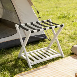 Luggage Rack Foldable Thickened Bamboo Suitcase Stand with Storage Shelf for Hotel Bedroom Guest Room X Shaped Structure for Stability and Easy Assembly