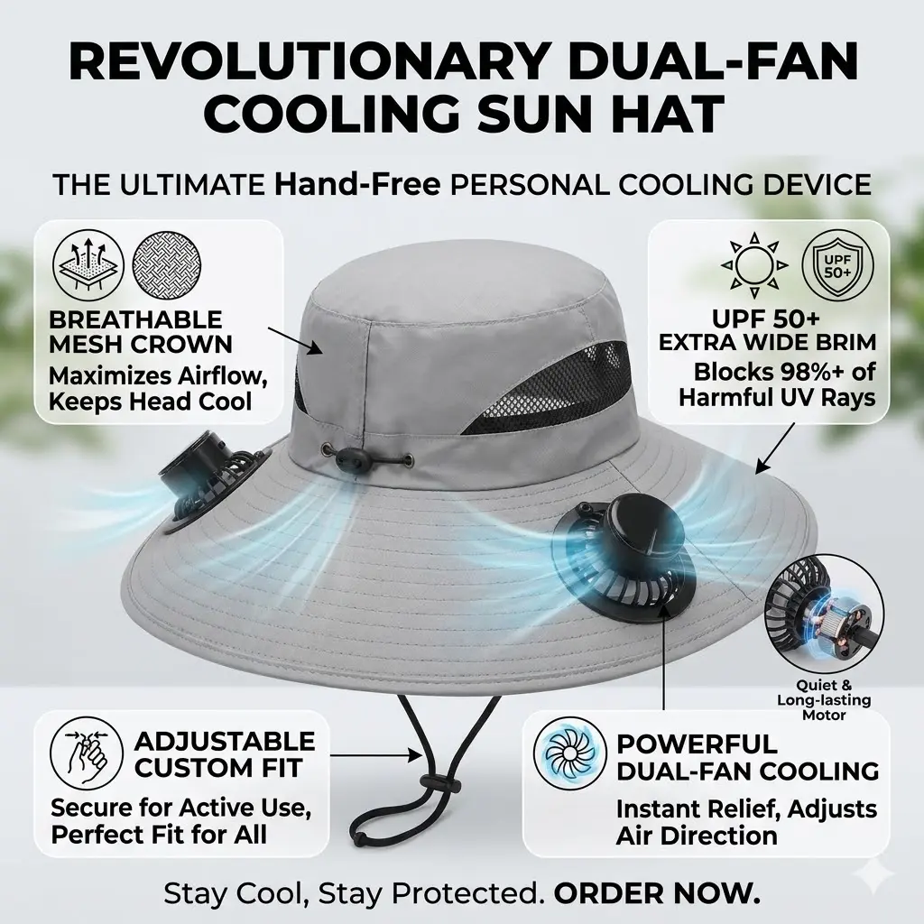 Men's Dual-Fan Cooling Sun Hat with Fans, 3-Speed USB Rechargeable, Wide Brim Full UV Sun Protection, Lightweight Breathable Quick Dry, Ideal for Fishing, Hiking, Outdoor Work & Home Supplies Use