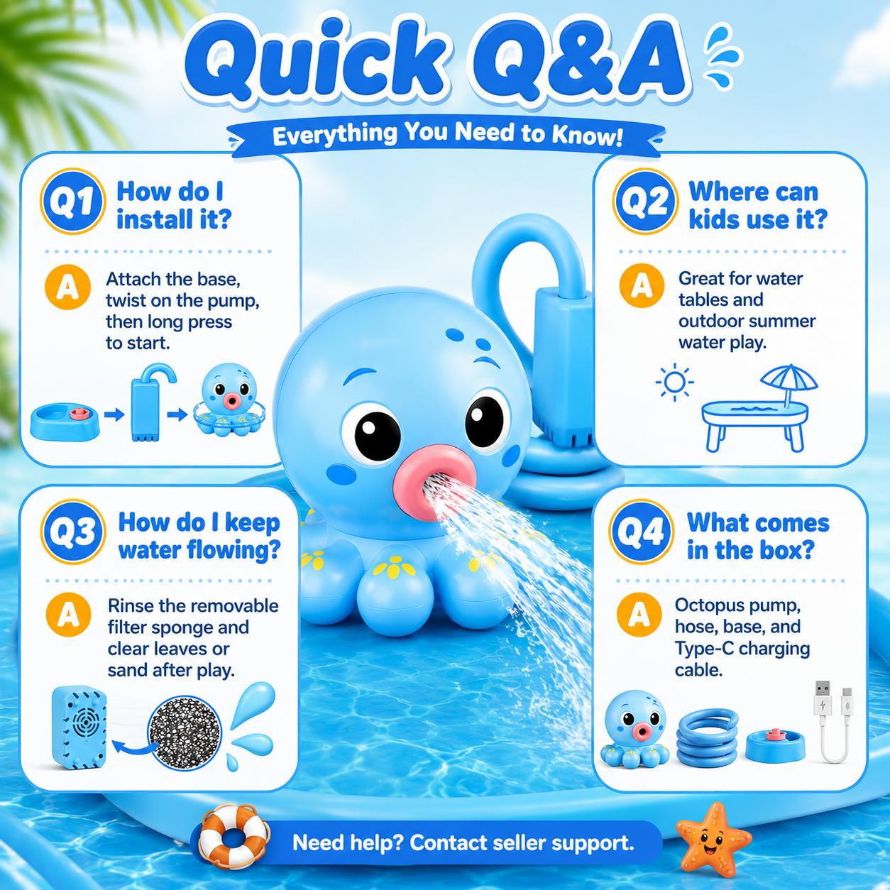 Octopus Water Pump for Step2 Water Table — Fits Rain Showers, Unicorn & Most Brands | 6L/Min Strong Flow, 3-Hour Rechargeable Battery | No-Drill 60s Install, Ultra Quiet 45dB | Toddler Outdoor Water Play Toy Accessories (Pump Only) Blue