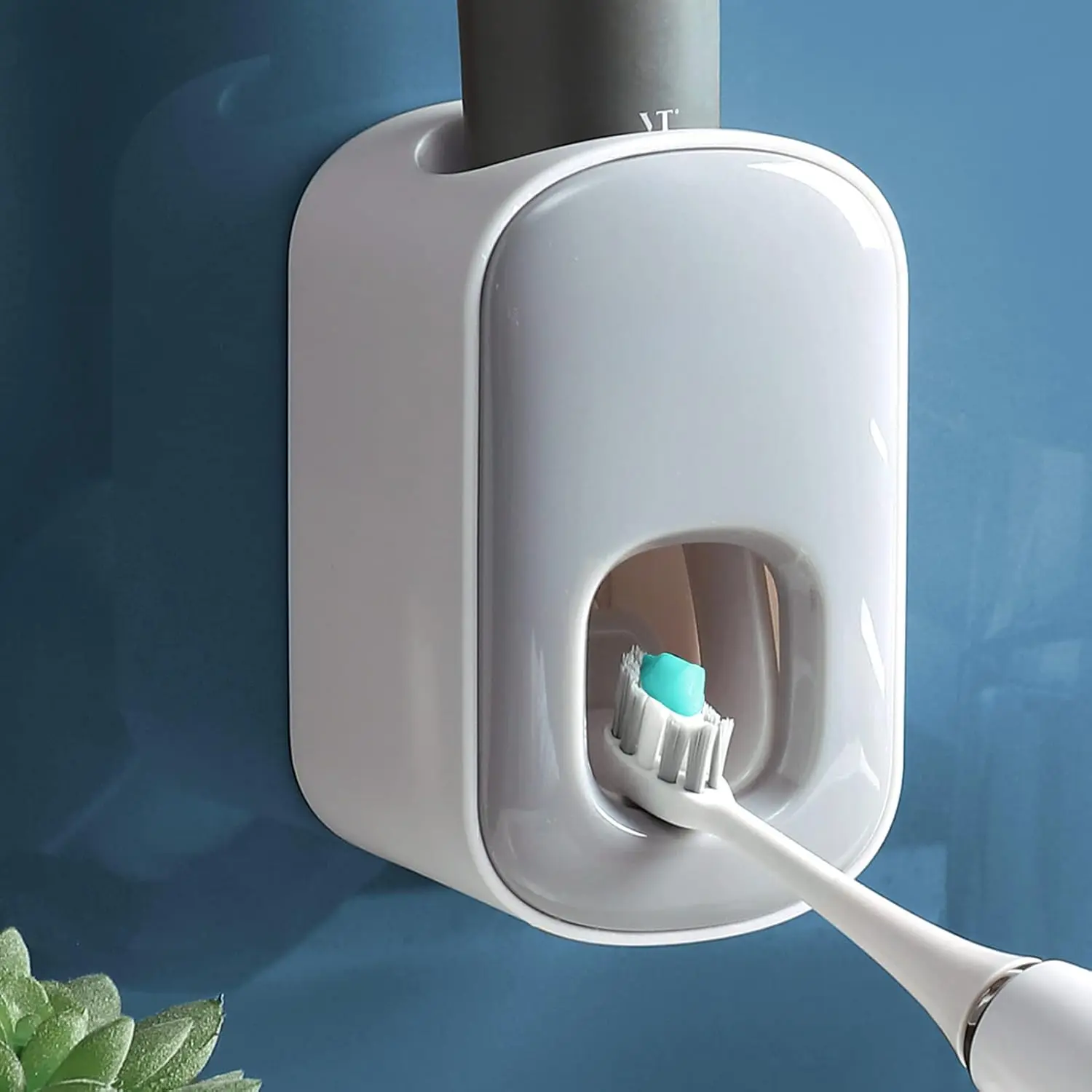 Wall-Mounted Automatic Toothpaste Dispenser & Holder 2-Piece Set - Odorless Dual-Use Food-Grade Plastic Bathroom Home Supply, 1 Grey + 1 Black Squeezer for Kids/Adults