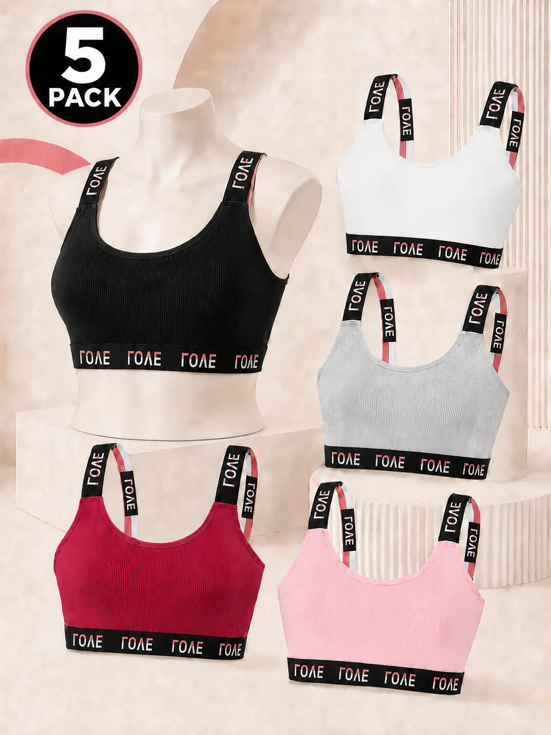 【5 Pack】Women's Ribbed Sports Bras, Seamless Wireless Workout Crop Tops with Wide Elastic Graphic Straps, Soft Stretch Breathable Low Impact Support for Yoga, Gym, Running and Everyday Wear, Black White Gray Red Pink Multipack, Comfort Fit, Free Shipping