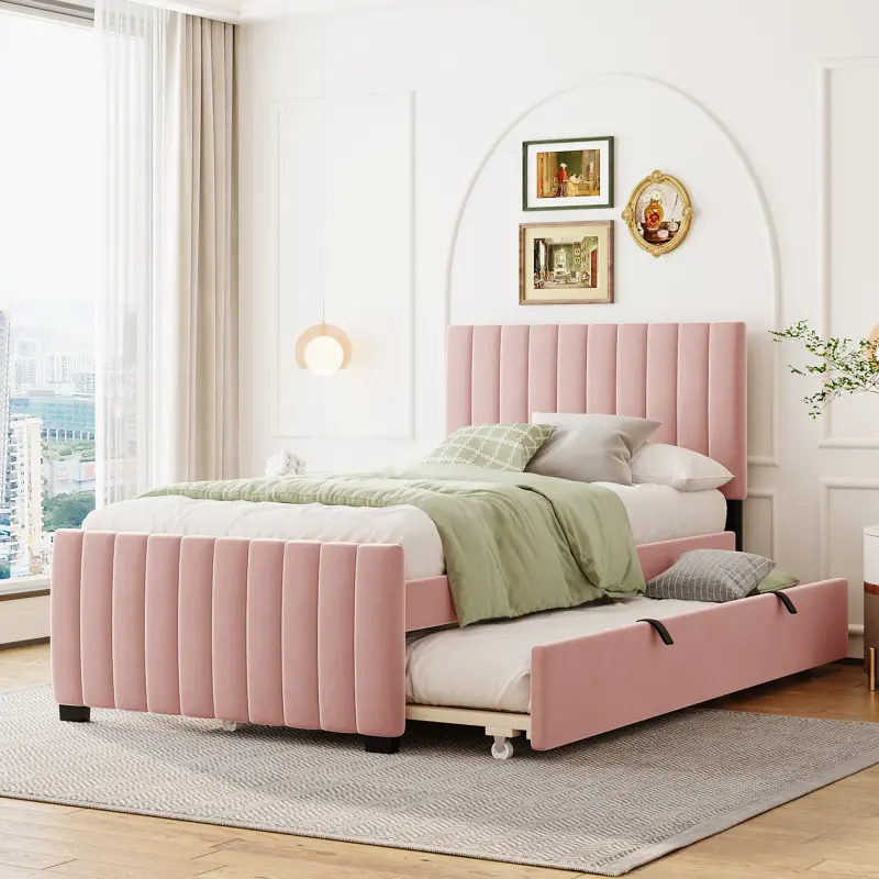 Bellemave Modern Twin Size Velvet Upholstered Platform Bed Frame with Curved Upholstered Headboard & Trundle, Pink Indoor Bedroom Furniture, Sturdy Build, No Box Spring Needed, 80.2"L x 41.5"W x 42.5"H, Upholstered Curved Headboard
