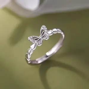 Silver-Plated Open Circle Ring with Cute Butterfly Accents - Sparkly Cubic Zirconia Wing Design, High-Quality Charm for Teenagers, Cubic Zirconia Rings, Butterfly Accents Rings