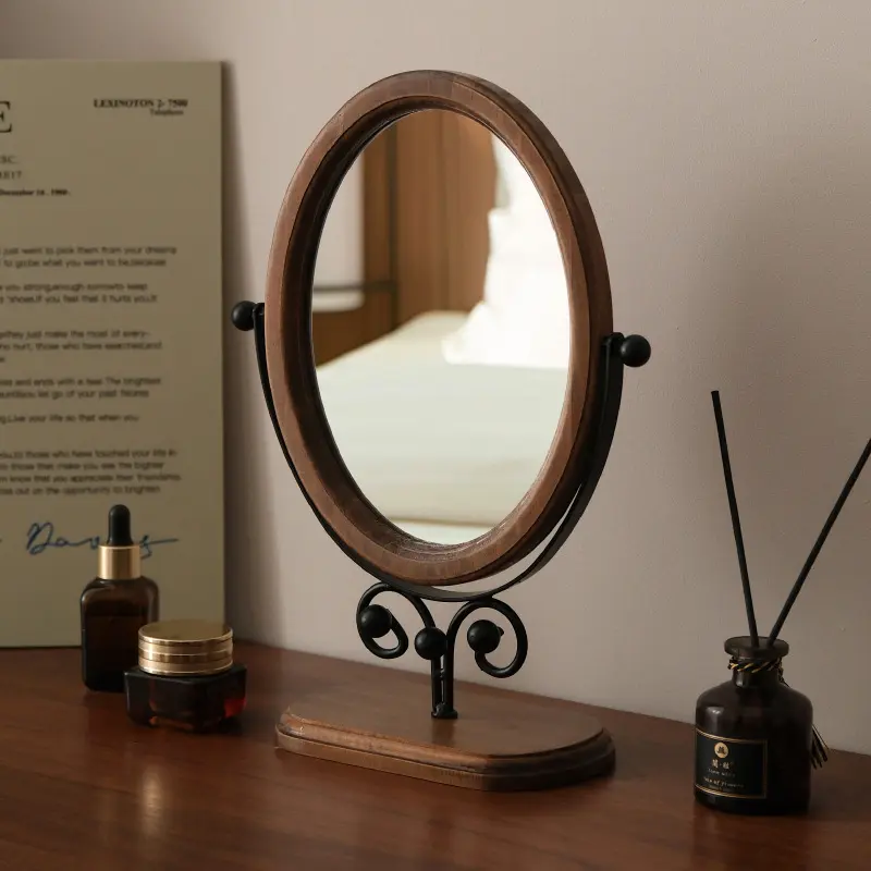 Vintage Bedroom Desktop Mirror, Real Wood Makeup Mirror, Home Use Wooden Standing Rotatable Dressing Mirror, Adjustable Vanity Mirror, Decorative Makeup Mirror, traditional Oriental Style Decor