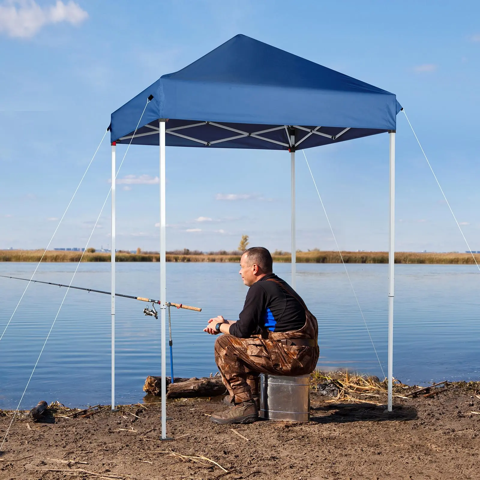 【Summervibes】5x5 FT Blue Folding Shelter, Oxford Fabric Portable Canopy with Spray-Painted Iron Frame Unlined