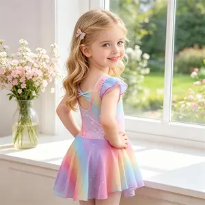 Girls Rainbow Star Ballet Leotard Tutu Dress | Bow Back Ruffle Sleeve Sparkle Dancewear for Toddler Recital & Ballet Class