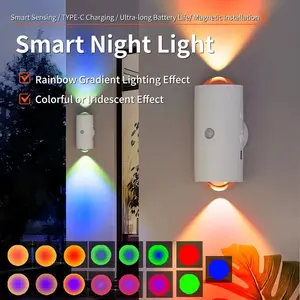 RGB Smart Motion Sensor Night Light – USB Rechargeable Dimmable LED Wall Lamp with Magnetic Stick-On Design, Ambient Lighting for Bedroom, Entryway, Bathroom, Hallway & Stairs. Modern Wireless Room Decor Light dimmable wall lamp gradient
