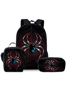 Spider pattern printed 17-inch backpack three-piece set (single-layer backpack + shoulder strap lunch bag + single-layer pencil bag)