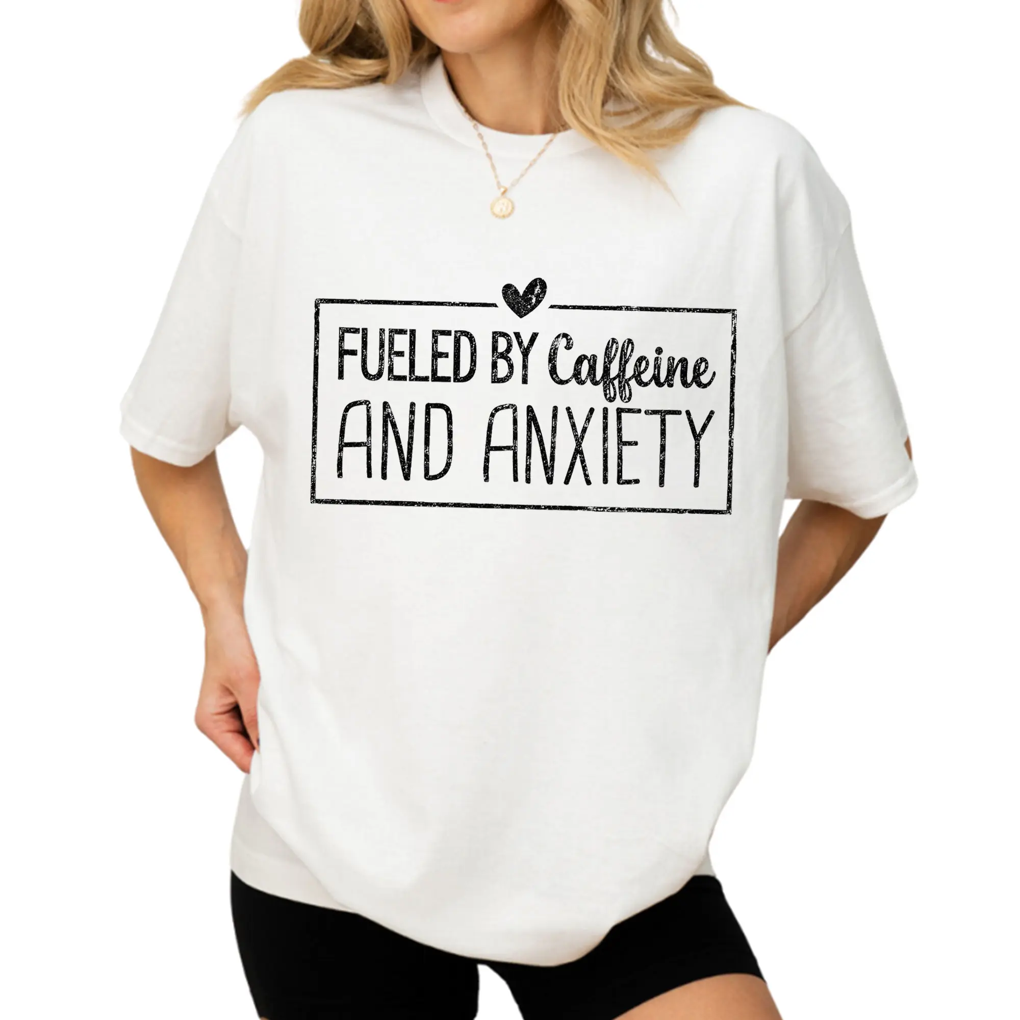 [100% Cotton] Fueled By Caffeine And Anxiety T-Shirt, Caffeine Humor Graphic Tee, Funny Coffee Lover Shirt, Sarcastic Tired Mood Tshirt, Relatable Quote Short Sleeve Oversized Tee, Casual Gift For Coffee Fans