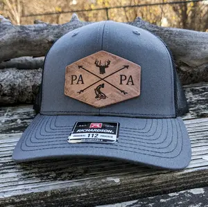 Personalized Snapback Curved Bill Richardson Hat with Etched Arrows, Buck and Fish Design for Fishing and Hunting