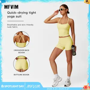 MFVIM Women's Yoga Wear Backless Lace Up Sports Bra and High Waisted Hip Lifting Shorts Matching Workout Set butt-lifting Pilates Improver Suit Sleeveless Gym Tops Lightweight Activewear Running Outfits Sporty Style Clothes