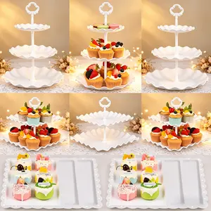 White Plastic 10Pcs Cupcake Stand Set with 3Tier & 2Tier Design for Kitchen Use, Ideal for Weddings, Baby Showers, and Tea Party Organizers Round Rectangle