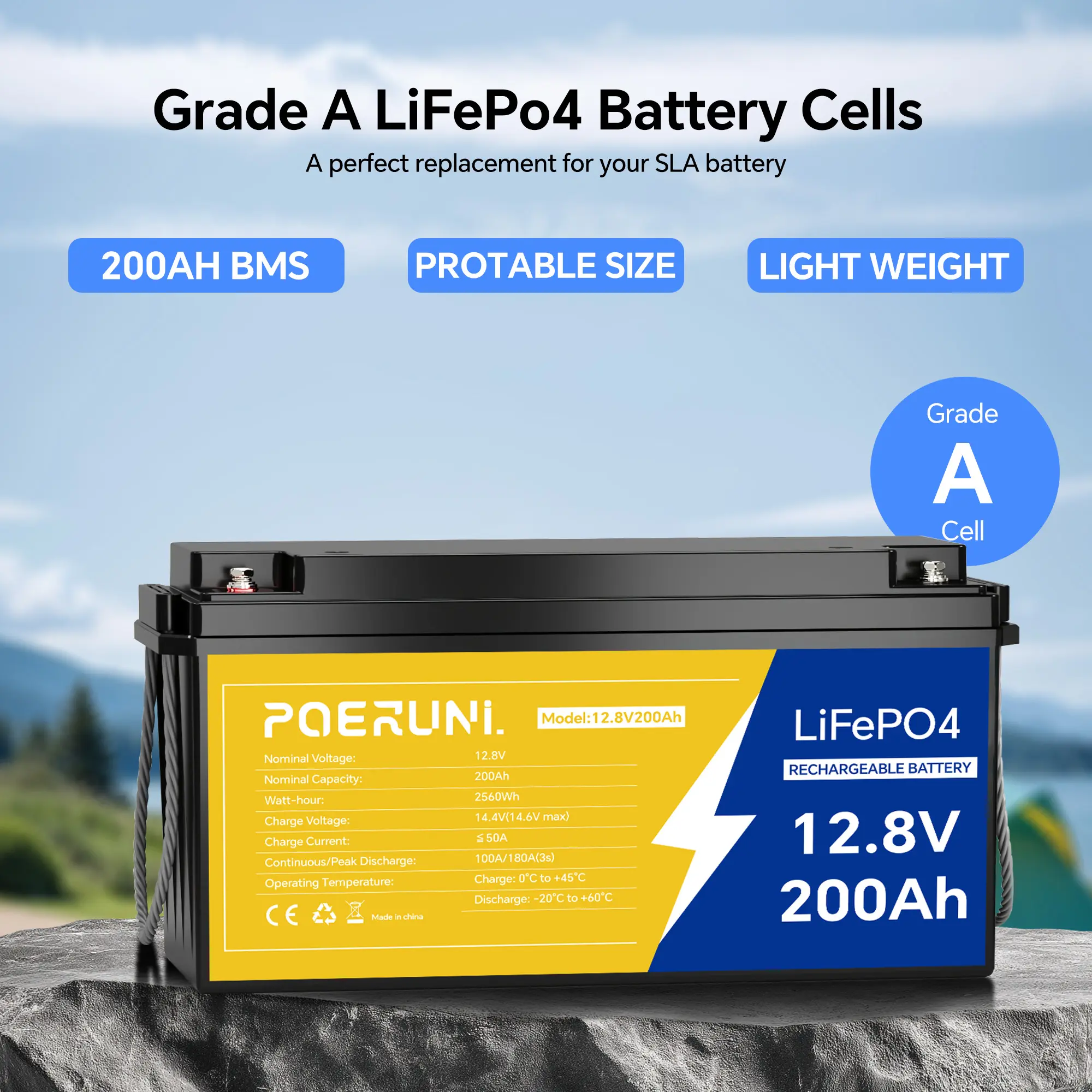 POERUNI 12V 12.8V Rechargeable High Capacity LiFePO4 Battery, 200Ah Capacity Batteries for RV Solar Setup, Off-Grid Camping Energy Storage, High Capacity Battery, Camping Enthusiasts