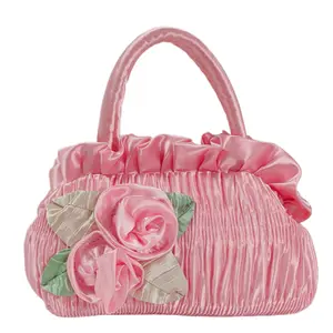 Pink Satin Rose Mini Handbag, Women’s Pleated Top Handle Purse, Small Phone/Cosmetic Bag for Wedding/Party/Date Night