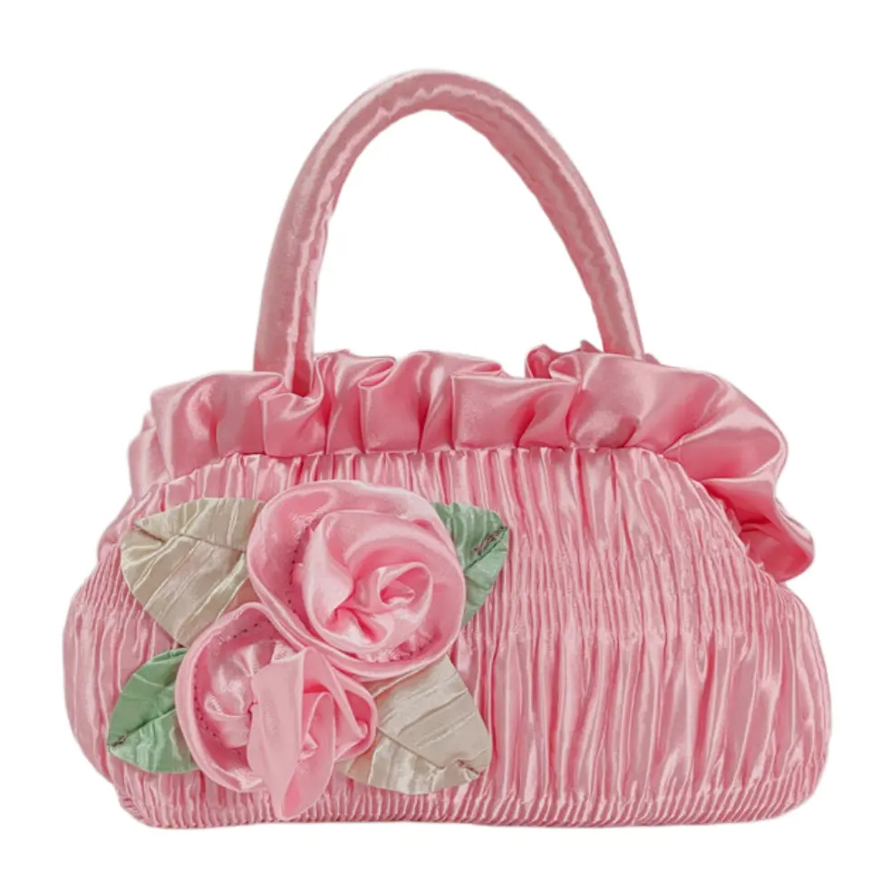 Pink Satin Rose Mini Handbag, Women’s Pleated Top Handle Purse, Small Phone/Cosmetic Bag for Wedding/Party/Date Night